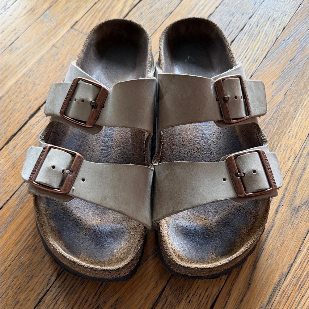 Birkenstock Double-Strap Sandals in Light Beige with Copper Buckles 38